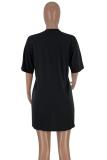 Black Polyester Casual Fashion Cap Sleeve Short Sleeves O neck Straight Mini Character Solid Casual Dress