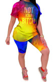 Yellow Fashion Sexy Print Tie Dye Two Piece Suits pencil Short Sleeve Two Pieces
