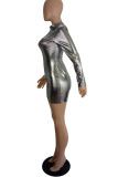 Silver Sexy Geometric O Neck Pencil Skirt Dresses