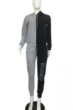 Grey Sportswear Print Patchwork Hooded Collar Long Sleeve Two Pieces