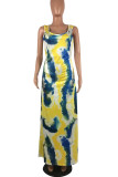 Green Polyester Fashion Sexy adult Green Yellow watermelon red Tank Sleeveless Slip Swagger Ankle-Length Print Patchwork Tie and dye Dresses