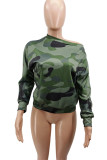 Red Sexy Print Camouflage Print O Neck Mid Waist Tops