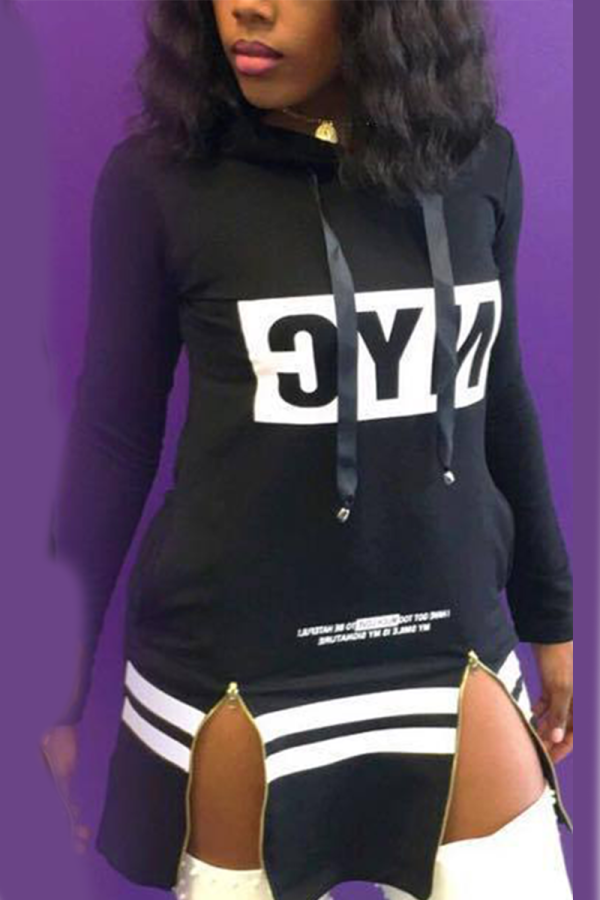 Black Sexy Print Letter Hooded Collar Pencil Skirt Dresses