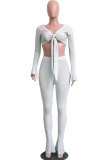 White Polyester Elastic Fly Long Sleeve Mid Solid Boot Cut Pants Two-piece suit