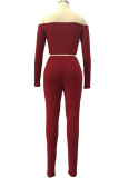 Wine Red Fashion Sexy Adult Polyester Solid Split Joint Bateau Neck Long Sleeve Regular Sleeve Short Two Pieces