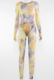 Colour Casual Print Hollowed Out Patchwork Tie-dye O Neck Long Sleeve Two Pieces