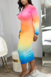 Multicolor Sexy Print Tie-dye Zipper Collar Pencil Skirt Dresses
