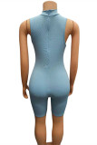 Blue Fashion Casual Solid Basic O Neck Sleeveless Skinny Romper