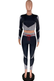 Red Casual Geometric Patchwork O Neck Long Sleeve Two Pieces