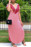 Pink Cotton Fashion OL Pink Cap Sleeve Short Sleeves V Neck Step Skirt Ankle-Length Patchwork Solid Dresses