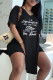 Black Fashion Casual Letter Print Slit V Neck Short Sleeve Two Pieces