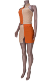 Tangerine Red Sexy Solid Patchwork Turndown Collar Sleeveless Two Pieces