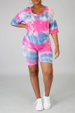 Pink Sportswear Patchwork Tie-dye O Neck Half Sleeve Two Pieces