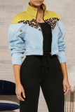 Light Blue Street Leopard Patchwork Turndown Collar Outerwear