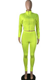 Fluorescent green Street Sportswear Solid O Neck Long Sleeve Two Pieces