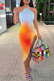 Gradient Color Sexy Gradual Change Print Backless Asymmetrical Spaghetti Strap Sleeveless Dress