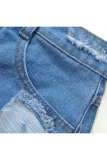 Light Blue Denim Button Fly Mid Solid Hole washing Old Zippered Straight shorts Bottoms