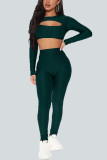 Dark Green Sexy Solid Hollowed Out O Neck Long Sleeve Two Pieces