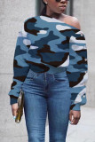 Red Sexy Print Camouflage Print O Neck Mid Waist Tops