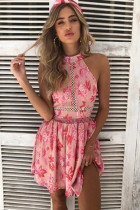 Pink Chiffon Casual Off The Shoulder Sleeveless Halter Neck Swagger skirt Print hollow out Patchwork
