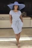 White and blue Polyester Casual Fashion Cap Sleeve Short Sleeves O neck Step Skirt Mini bandage Striped asymmetrica