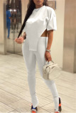 Red Fashion Casual Solid Slit Asymmetrical O Neck Short Sleeve Two Pieces