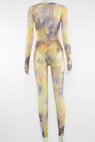 Colour Casual Print Hollowed Out Patchwork Tie-dye O Neck Long Sleeve Two Pieces