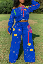 Royal blue Fashion Casual Street Polyester Print Bandage Pants Knotted Bateau Neck Long Sleeve Regular Two Pieces