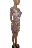 Multicolor Fashion Casual Print Basic Square Collar Short Sleeve Two Pieces