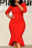 Red Fashion Sexy O Neck Patchwork Solid Plus Size