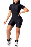 Black Fashion Casual Patchwork Solid Short Sleeve Turtleneck Jumpsuits