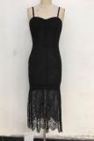 Black Polyester Fashion Sexy Spaghetti Strap Sleeveless Slip Step Skirt Mid-Calf lace Mesh Patchwork Club