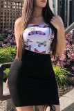 White Wrapped chest Sleeveless Patchwork Print backless Tops