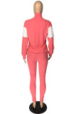 Light Pink Casual Striped Print Zippered Split Joint Mandarin Collar Long Sleeve Two Pieces