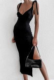 Black Sexy Solid Tassel Frenulum Asymmetrical Spaghetti Strap Sleeveless Dress Dresses