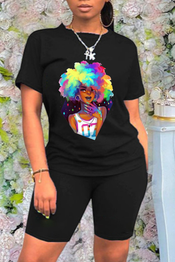 Black Fashion Casual Print Basic O Neck Short Sleeve Two Pieces