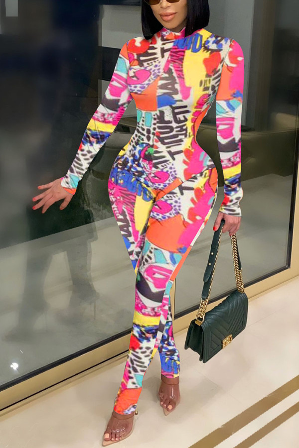Multicolor Sexy Print Split Joint O Neck Jumpsuits