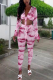 Pink Sexy Print Tie-dye V Neck Long Sleeve Two Pieces