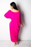 rose red Polyester Sexy Fashion Cap Sleeve Half Sleeves O neck Asymmetrical Ankle-Length Patchwork Solid Cas