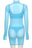 Blue Sexy Solid Mesh Half A Turtleneck Pencil Skirt Dresses