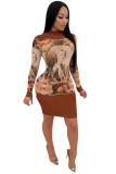 Brown Sexy Fashion adult Cap Sleeve Long Sleeves O neck Step Skirt Knee-Length Patchwork Print