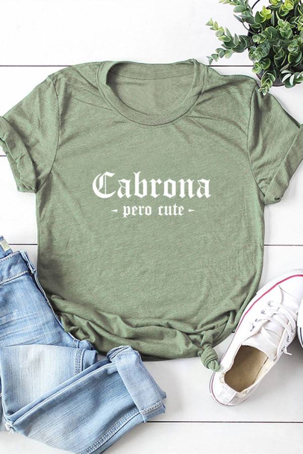 Army Green Fashion Casual Letter Print Basic O Neck Tops