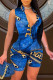 Blue Fashion Casual Print Basic Zipper Collar Skinny Romper