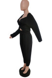 Black Casual Solid Split Joint V Neck Long Sleeve Regular Sleeve Short Two Pieces
