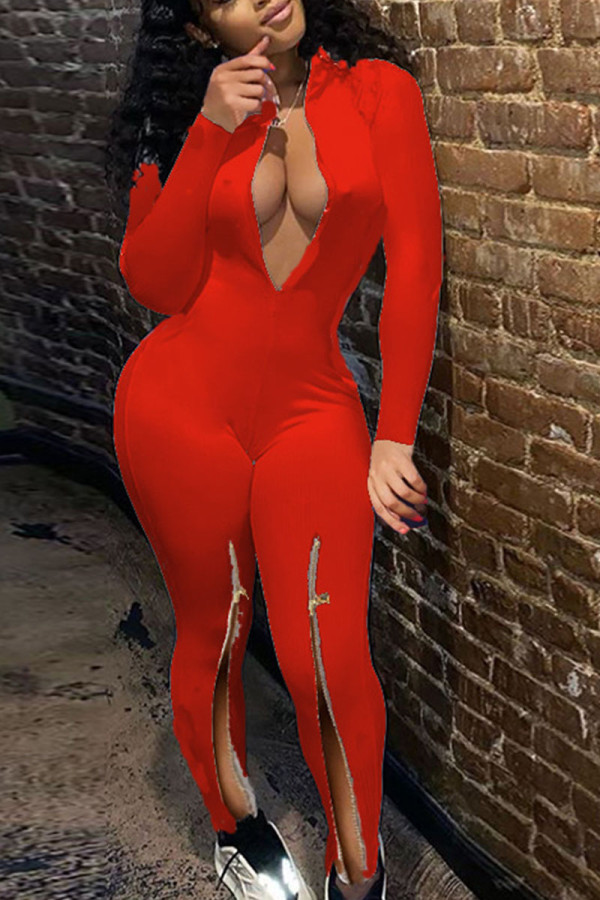 Red Sexy Milk Fiber Solid Slit O Neck Skinny Jumpsuits