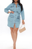 Blue Fashion Casual Solid Basic Turndown Collar Denim Dress