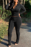 Black Casual Solid Patchwork O Neck Long Sleeve Two Pieces