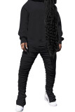 Black Fashion Sexy Adult Solid Patchwork Fold Hooded Collar Long Sleeve Regular Sleeve Regular Two Pieces