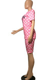 Pink venetian Fashion Casual Dot Letter Two Piece Suits pencil Short Sleeve Two Pieces