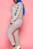 Grey Casual Print Patchwork Hooded Collar Long Sleeve Two Pieces